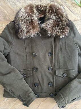 Authentic Prada Olive Green Double-Breasted Pea Coat with Plush Fur Collar